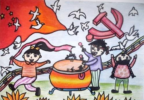 抗战主题儿童画:胜利的庆祝