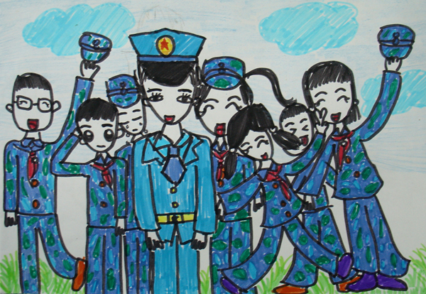开学军训儿童画:和教官合影