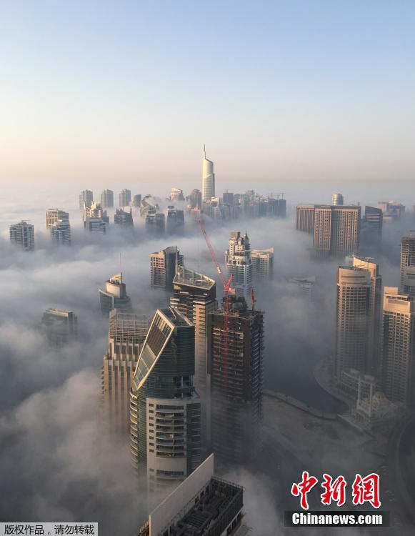 迪拜晨雾袭城 摩天大楼雾中若隐若现